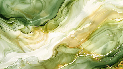 Wall Mural - High Definition Luxurious Marble Texture in Lush Olive Green and Bright Cream Alcohol Ink Waves.