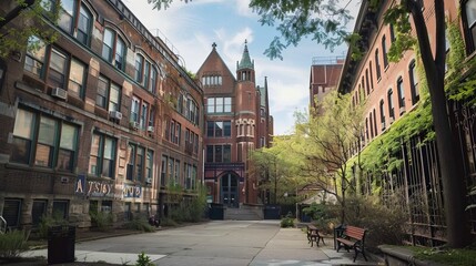 Wall Mural - Vibrant NYC School Scene: Children Engaged in Learning Activities in a Modern Urban Setting