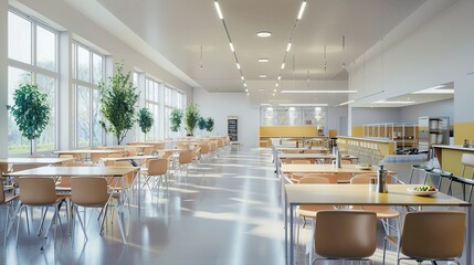 Wall Mural - Vibrant Panorama: Spacious Self-Service School Canteen with Tables and Chairs, AI