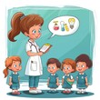 A cartoon drawing of a woman in a white lab coat talking to a group of children