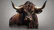 The image shows a brown bull with long horns facing the camera with a dark background.

