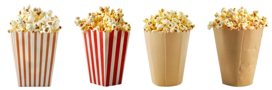 Collection of popcorn in paper package isolated on transparent or white backgroud png cutout clipping path