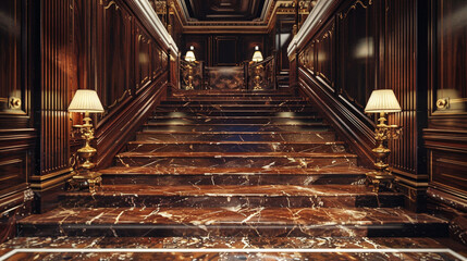 Rich brown marble staircase in a lavish entrance hall complemented by dark wood paneling and vintage brass lamps