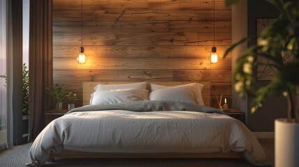 Ultra-detailed 3D rendering of a modern residential bedroom with Bauhaus roots, showcasing a wooden accent wall, metal light fixtures, and a clean, illuminated atmosphere.