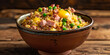Korean fried rice with ham, green peas and eggs in an earthenware bowl, generative AI