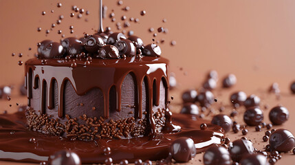 Close-up of chocolate cake in on table with liquid chocolate coating decorated 