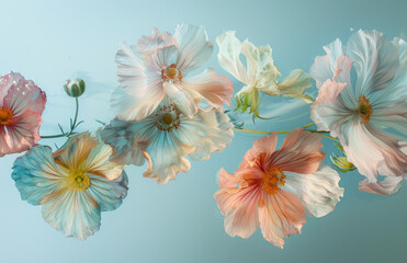 Wall Mural - A few pastel-colored flowers floating on a light blue background