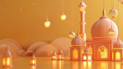 Wall Mural - 3d illustration of Ramadan Kareem background with mosque and lanterns