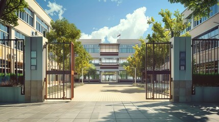 Wall Mural - Sunlit School Building Entrance with Open Metal Gate: Architectural Detail in Bright Daylight