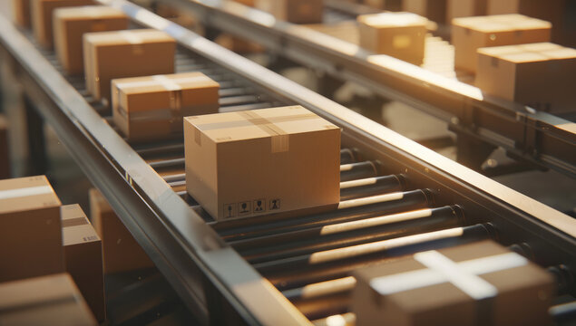 cardboard boxes on an industrial conveyor belt, representing the motion and movement associated with online shop shipping.