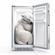 A cute polar bear cozily nestled inside a refrigerator, isolated on a white background.
