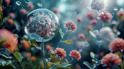 Sticker - Ethereal Bubbles Amid Lush Floral Garden Blooms in Tranquil,Minimalist Composition