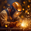 A welder is welding steel in an industrial business construction industry worker working with spark light 