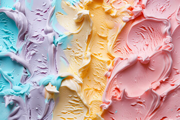 Wall Mural - A colorful swirl of ice cream with pink, blue, and yellow swirls. The colors are bright and cheerful, creating a fun and playful mood