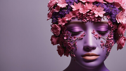 Wall Mural - a woman's face. Her eyes are closed and her face is surrounded by pink and purple flowers.