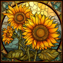 There Are Two Sunflowers In A Stained Glass Window With A Butterfly
