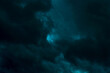 Dramatic stormy sky background. Dark green fluffy cloudy sky. Halloween cloudscape background concept.