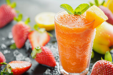 Wall Mural - A glass of orange juice with a slice of lemon and a strawberry on top. The glass is half full and the juice is cold