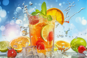 Wall Mural - A glass of fruit punch with ice cubes and a strawberry on the side. The glass is half full and the drink is a refreshing summer beverage