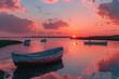 Beautiful sunset over the cape cod marshlands with boats floating on calm waters. Created with AI