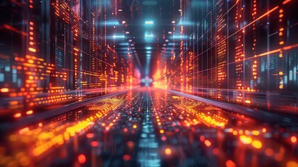 Leinwandbilder - A high-tech trading floor visualized as a 3D grid with glowing lines of stock market data flowing across it, symbolizing the fast-paced financial transactions. Generative AI.