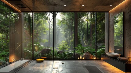 Wall Mural - High-resolution 3D rendering of a contemporary bathroom with large glass walls providing views of a lush forest, featuring simple, modern fixtures and ambient lighting.