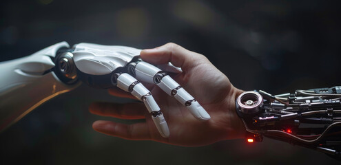 Poster - Hand of robot and human nearly touch on black studio. Generative AI.