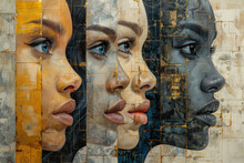 A Three Dimensional Oil Painting Of Women's Faces, Three Different Skin Tones, Each Face Is Made Up Of The Same Textured Patterned Squares And Mosaic Pieces. Created With Ai