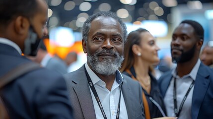 Poster - A group of working professionals, talking and hanging out at a trade conference event. The group consists of Caucasian and African American people. Generative AI.