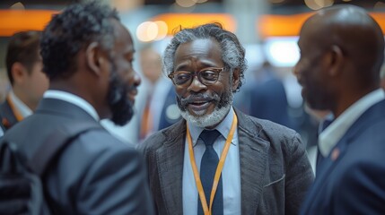 Poster - A group of working professionals, talking and hanging out at a trade conference event. The group consists of Caucasian and African American people. Generative AI.