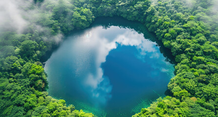 Overhead view of an aerial shot of the pond in forest, with its blue water and green vegetation