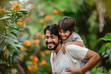 Sunlit portrait of a joyful Indian father carrying his son on his back in a nature setting