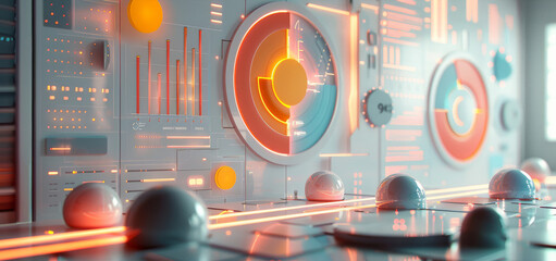 Fototapete - Multiple content plates, chart data comparison, retro futuristic style, minimalism, minimalist color matching, 3D element. Generative AI.