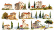 © MariКа - A set of watercolor paintings on a white background with Italian or French rustic houses with tiled roofs and cypresses.