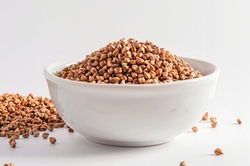 Poster - A bowl of brown grains is on a white table