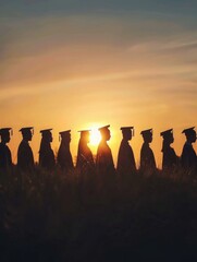 Canvas Print - A group of graduates are lined up in a field, with the sun shining on them. Concept of accomplishment and pride, as the graduates have completed their studies