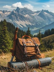 Sticker - A backpack and a walking stick are on a grassy hillside. The backpack is brown and has a tan color. The scene is peaceful and serene, with the mountains in the background