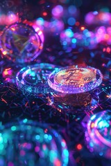 A colorful image of a coin with the letter B on it. The coin is surrounded by other coins and he is floating in a sea of colorful lights. Scene is whimsical and playful, with the bright colors