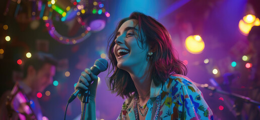 Canvas Print - a girl singing in front of a microphone in a night club scene, happy and excited with colorful lights