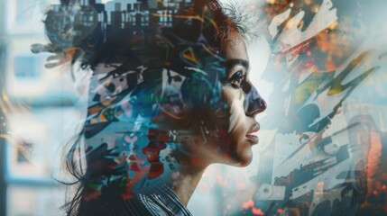 Canvas Print - A woman's face is shown in a blurry, abstract style. The image is a collage of different elements, including buildings, cars, and other objects. Scene is one of chaos and confusion