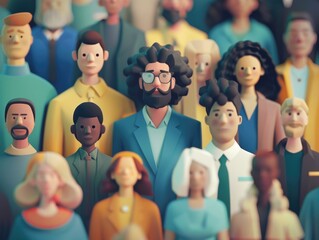 Wall Mural - A group of people are standing together in a crowd. The man in the center is wearing a suit and glasses