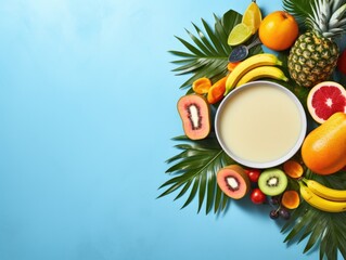 Poster - A bowl of fruit is surrounded by leaves and placed on a blue background. The bowl is filled with a creamy white substance and a variety of fruits including bananas, oranges, kiwis, and strawberries