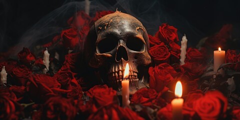 A skull is surrounded by red roses and lit candles. Scene is eerie and spooky
