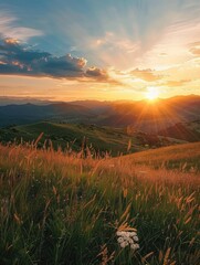 Wall Mural - A beautiful sunset over a field of tall grass. The sun is shining brightly, casting a warm glow over the landscape. The scene is peaceful and serene, with the sun's rays creating a sense of calm