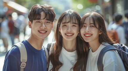 Canvas Print - In summer, Korean male and female college student are smiling happily and happily. Generative AI.