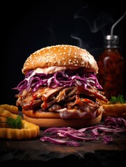 Wall Mural - A large burger with coleslaw and a bun sits on a wooden table. The burger is topped with a generous amount of sauce and has a side of fries. Concept of indulgence and satisfaction