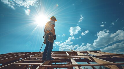 Poster - A builders on a worksite, building a house, blue sky and sunshine. Generative AI.