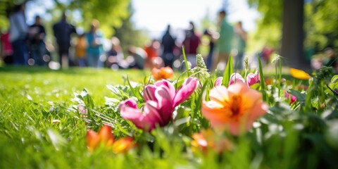 A group of people are standing in a field of flowers. The flowers are pink and orange, and the grass is green. The scene is peaceful and serene, with the people enjoying the beauty of nature