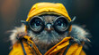 A small bird wearing a yellow jacket and goggles. The bird is looking at the camera