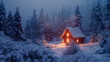 christmas small log cabin is snow covered at night